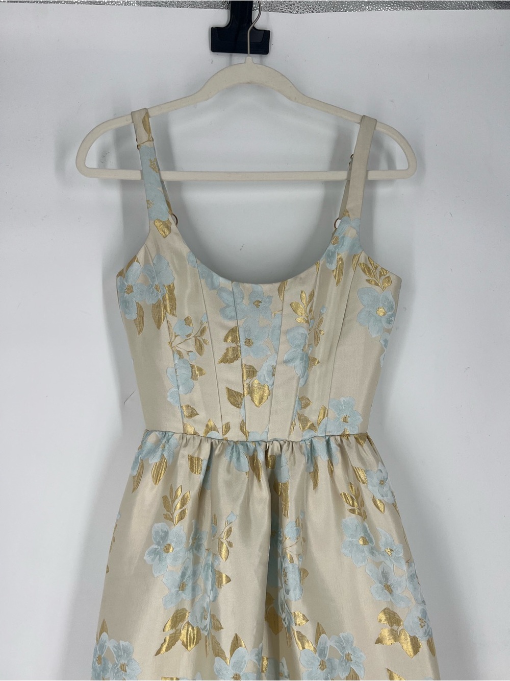V. Chapman Avery Light Blue Cream Gold Floral Brocade Corset Back Maxi Dress 4 - Picture 2 of 9